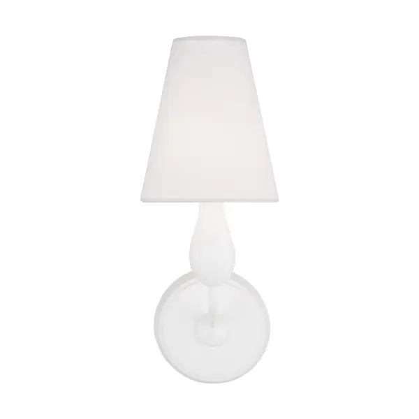Thomas O'Brien's Ziba sconce brings French Modern elegance to bathroom lighting with its distinctive organic pod form and soft white linen shade. The compact 5.5" width makes it ideal for smaller vanities while the matte white finish ensures versatility.