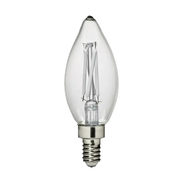 This 4W LED candelabra bulb delivers 350 lumens of warm 2700K light while consuming minimal energy. The clear glass design works beautifully in exposed-bulb fixtures, chandeliers, and sconces throughout the home. - alternate view