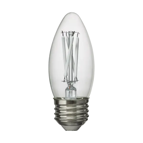 This 5W LED B11 candelabra bulb delivers 500 lumens of warm 2700K light while consuming minimal energy. The clear glass design showcases the LED filament for a vintage aesthetic that works beautifully in chandeliers and sconces. - alternate view