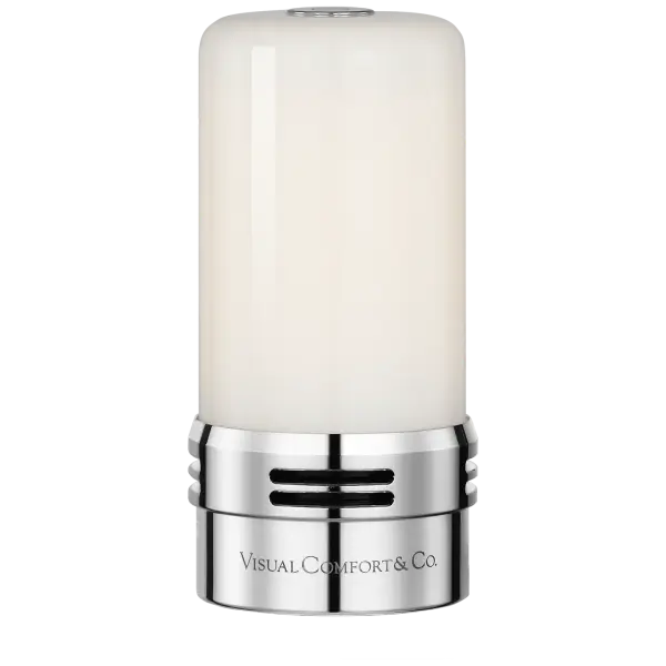 The R45 Rechargeable Module offers convenient cordless lighting with 250 lumens of brightness. Features remote compatibility for easy control and elegant white glass diffuser in a polished nickel finish.
