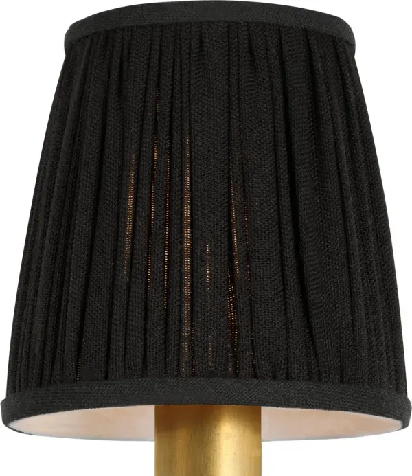 This 4-inch pleated black linen shade offers a timeless, elegant solution for refreshing sconces, chandeliers, or table lamps. The pleated texture adds visual interest while the neutral black color complements any décor style. - alternate view