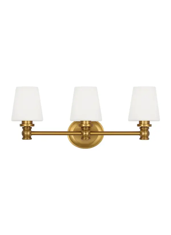 The Xavierre vanity fixture combines understated elegance with functional design. Its subtle "X" detail and burnished brass finish bring a tailored, masculine aesthetic to bathroom spaces while providing ample illumination.