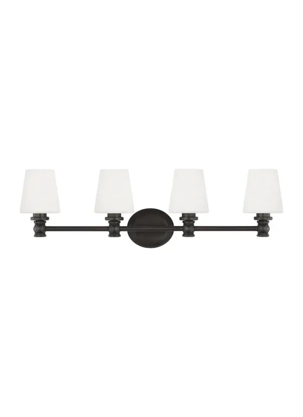 The Xavierre brings sophisticated, masculine style to bathroom lighting with its subtle X-design detail and aged iron finish. Four opal etched glass shades provide abundant, even illumination perfect for vanity tasks.