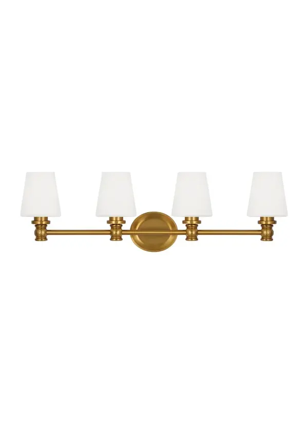 The Xavierre vanity fixture combines transitional elegance with contemporary edge through its distinctive "X" base detail and warm burnished brass finish. Four opal etched glass shades provide abundant, even illumination ideal for grooming tasks while the 32-inch width suits medium to large vanities. Designer Sean Lavin's refined aesthetic brings understated luxury to bathroom spaces.