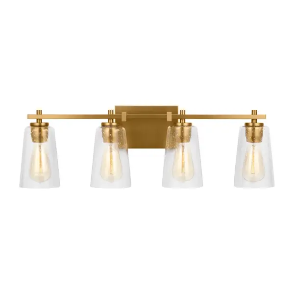 The Mercer vanity light combines clean modern lines with warm burnished brass and textured seeded glass for a sophisticated bathroom upgrade. Its 28.6-inch width makes it ideal for medium to large vanities.