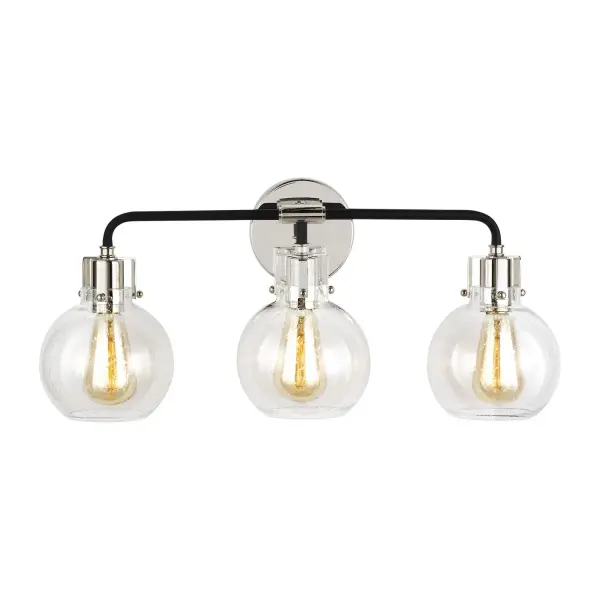 Clara features Clear Seeded glass shades that subtly diffuse the lamping while allowing the exposed bulb to be a central design element of the fixture. Choose the look that is right for your space with four finish options: Burnished Brass, Chrome, Satin Nickel, Oil Rubbed Bronze or a two-toned finish of Textured Black with Chrome. Collection: Clara Designer: Sean Lavin Rooms: Bathroom, Bedroom, Entry Room/Hallway Finish: Polished Nickel/Textured Black Glass: Clear Seeded Width: 24.00" Height: 9.63" Length: 6.75" Weight: 4.00 lb Extension from Wall: 6.75" Wire: 8" Black/White Canopy: D:5'' DP:0.875'' OB UP:7.125'' OB DOWN:2.5'' Round Number of Bulbs: 3 Maximum Wattage: 75.00 W Bulb Type: A19 Bulb Base: Medium Voltage: 120.00 V Material: Steel Country of Origin: Philippines Safety Listing: cETL Safety Rating: Damp Connection: Hardwired Title 24 Spec Sheet Instructions Parts Diagram