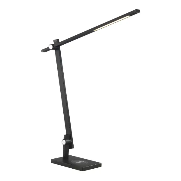 This contemporary LED table lamp combines functional task lighting with modern convenience. The anodized brushed coal black finish and slim aluminum design complement any workspace or bedroom, while the integrated wireless charger and 3-way touch dimmer add practical versatility.