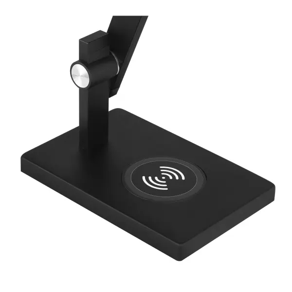 This contemporary LED table lamp combines functional task lighting with modern convenience. The anodized brushed coal black finish and slim aluminum design complement any workspace or bedroom, while the integrated wireless charger and 3-way touch dimmer add practical versatility. - alternate view