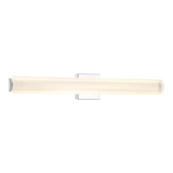 The Razors Edge LED Wall Sconce delivers exceptional bathroom and vanity lighting with its 31-inch width and high-CRI LED technology. The chrome finish and striped acrylic shade create a modern aesthetic while providing even, flattering illumination.