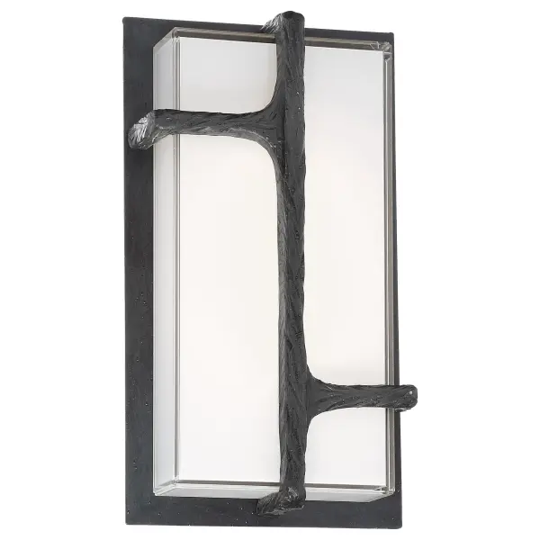 The Sirato LED Wall Sconce combines transitional styling with practical functionality. Its Spanish Iron finish and mitered white glass create a sophisticated look suitable for both interior and exterior applications.
