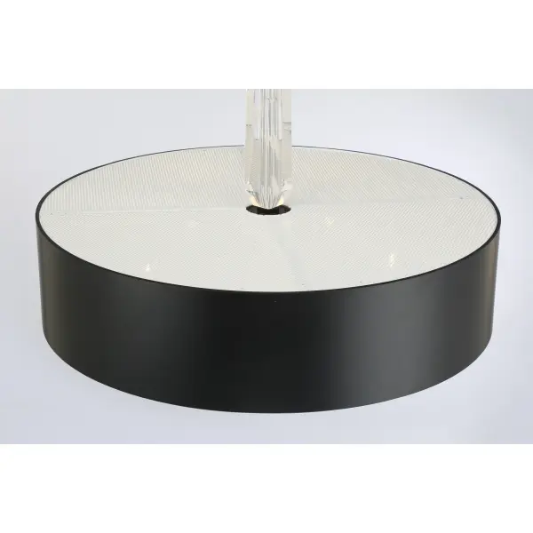 The Drifting Droplets pendant combines organic rock crystal elements with frosted glass shades in a striking 28-inch design. Five integrated LED lights provide warm, high-CRI illumination while the coal black finish adds contemporary edge. - alternate view