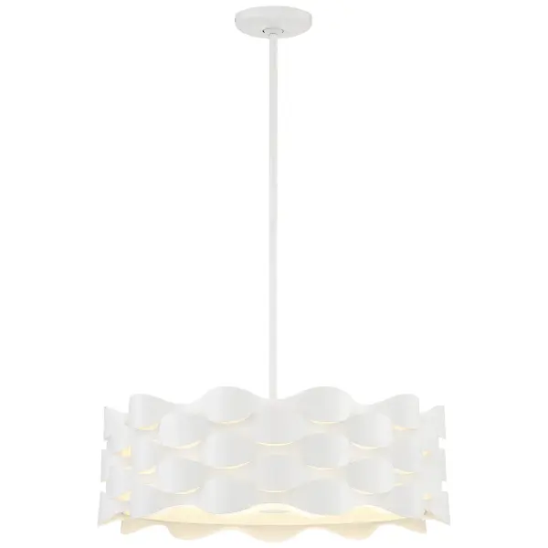 The Coastal Current pendant combines beach-inspired aesthetics with modern LED efficiency. Its layered shade design—metal exterior, white linen interior, and etched glass diffuser—creates warm, diffused illumination perfect for casual dining spaces.