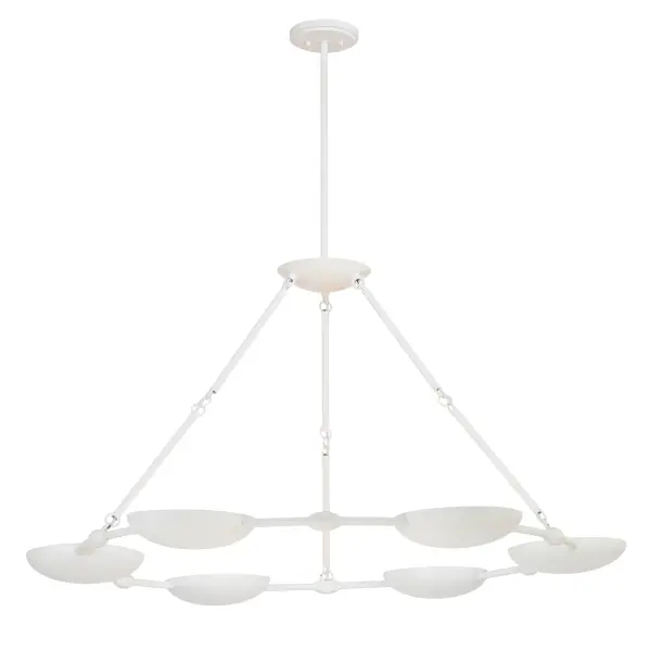 The Undertas chandelier combines clean modern design with functional versatility through its six adjustable rotating shades. The crisp Piastra White finish and substantial 47.75-inch width make it ideal for contemporary dining rooms and kitchen islands.