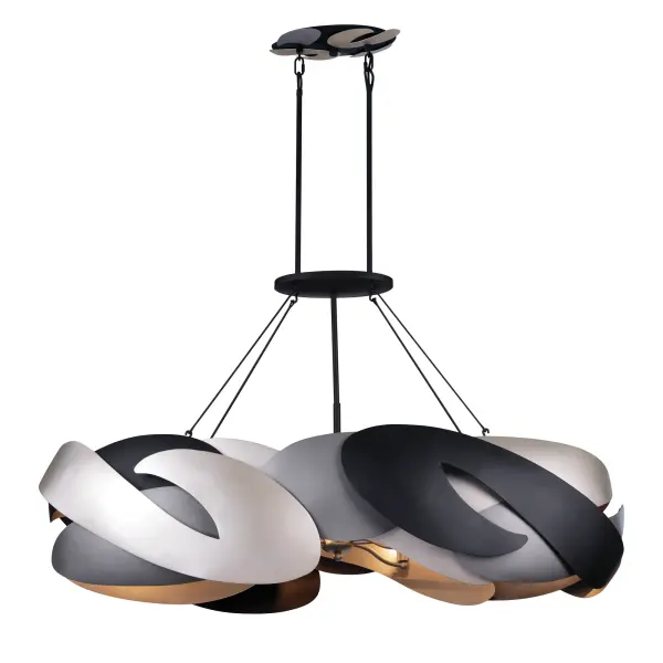The Metalo Misto brings industrial-modern sophistication to kitchen islands and dining spaces. Six candelabra lights housed in mixed metal finishes create dramatic visual interest while providing ample illumination.