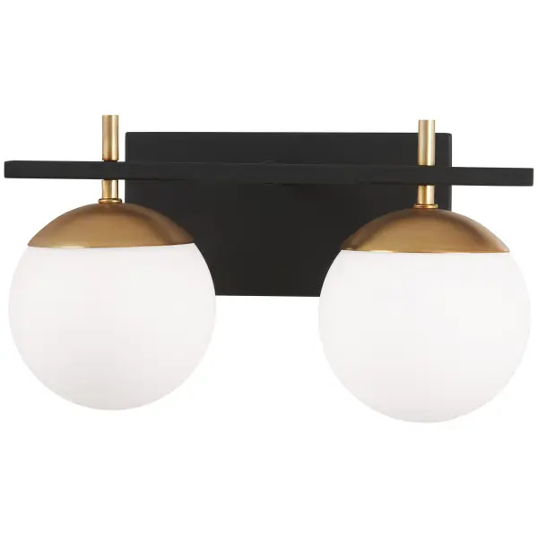 The Alluria 2-Light Bath fixture combines weathered black steel with gold accents and etched opal glass for a refined transitional aesthetic. Compact 15-inch width fits most vanities while providing ample illumination.