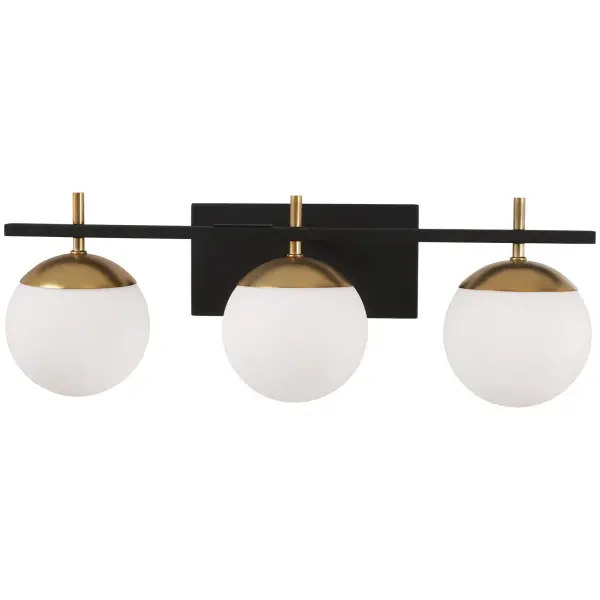 The Alluria 3-Light Bath fixture combines weathered black finish with autumn gold accents for sophisticated bathroom illumination. Etched opal glass shades provide soft, even light perfect for vanity tasks.