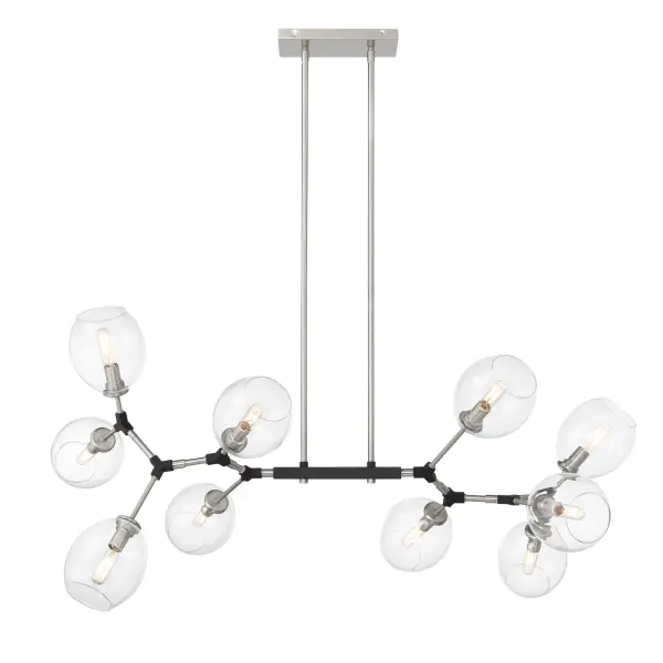 The Nexpo makes a bold statement with its expansive 50-inch linear design and 10 exposed bulbs. The coal black finish and clear glass shades create striking contrast, perfect for contemporary spaces needing dramatic overhead lighting.