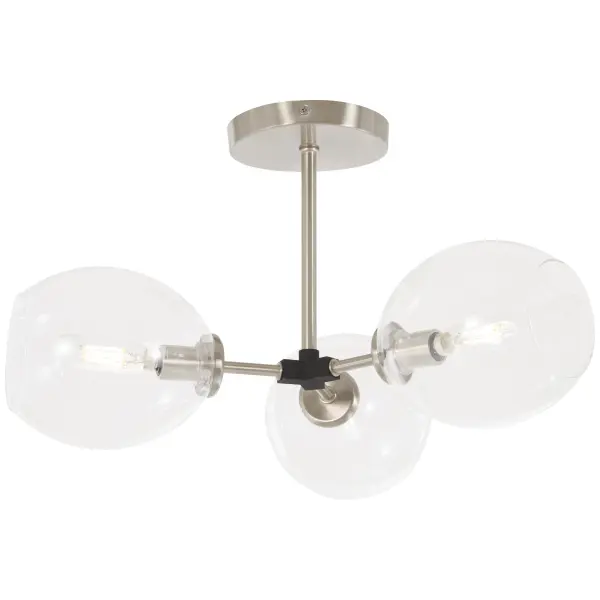 The Nexpo combines brushed nickel with bold black accents for a contemporary look that works in multiple spaces. Clear glass shades provide bright, unfiltered light while the compact profile suits standard ceiling heights.