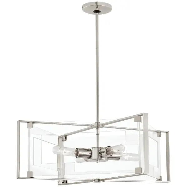 This 4-light semi-flush mount combines polished nickel hardware with clear acrylic panels for a refined, transitional aesthetic. At just over 9 inches tall and 19.75 inches wide, it provides ample illumination while maintaining a low profile ideal for standard ceiling heights.