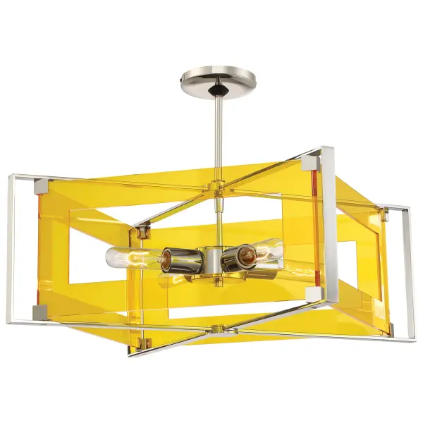 This 4-light semi-flush mount combines polished nickel hardware with clear acrylic panels for a refined, transitional aesthetic. At just over 9 inches tall and 19.75 inches wide, it provides ample illumination while maintaining a low profile ideal for standard ceiling heights. - alternate view