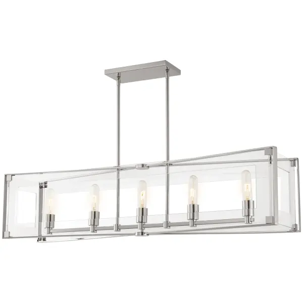 This 5-light island chandelier combines polished nickel hardware with clear acrylic elements for a refined transitional look. At 43 inches long, it's perfectly scaled for kitchen islands and dining tables.