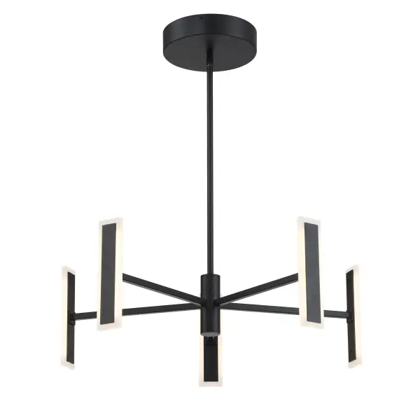 The Edge chandelier delivers modern sophistication with its clean linear profile and coal black finish. Five integrated LED lights provide bright, energy-efficient illumination through etched acrylic diffusers for a soft, even glow.