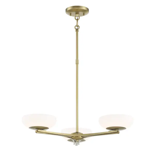 The Scale chandelier combines transitional elegance with modern LED efficiency. Its 24-inch linear design features soft brass metalwork and etched white glass shades that provide warm, diffused illumination perfect for dining areas.