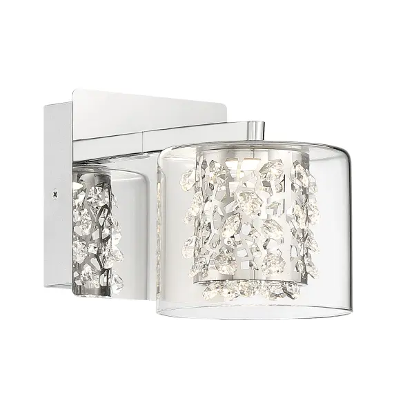 The Wild Gems LED bath light combines contemporary chrome styling with decorative crystal and glass elements. Its compact 5.25-inch profile delivers 497 lumens of high-CRI dimmable light, perfect for modern bathrooms seeking both style and function.