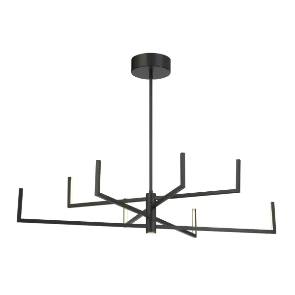 The Articular chandelier combines architectural design with functional versatility through its rotating arm feature. Eight integrated LED lights deliver warm, diffused illumination through sand-blasted acrylic, while the coal black finish adds bold sophistication.