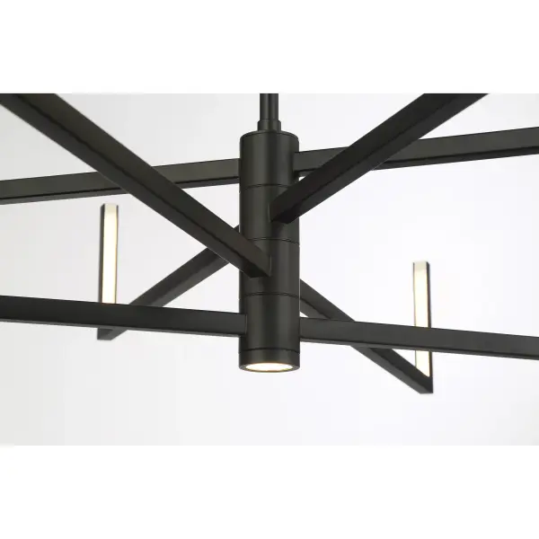 The Articular chandelier combines architectural design with functional versatility through its rotating arm feature. Eight integrated LED lights deliver warm, diffused illumination through sand-blasted acrylic, while the coal black finish adds bold sophistication. - alternate view