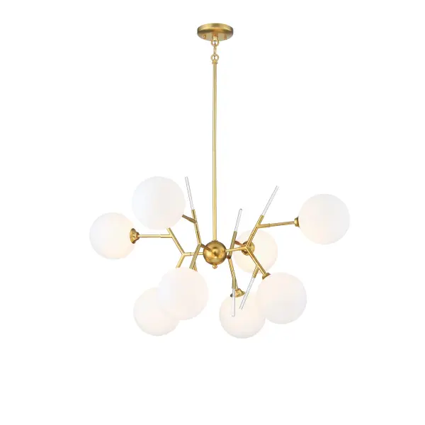 The Polares chandelier combines contemporary elegance with warm metallic tones. Its 36-inch span and 8-light configuration provide substantial illumination, while etched opal glass shades and acrylic accents create a refined, layered aesthetic perfect for modern and transitional interiors.