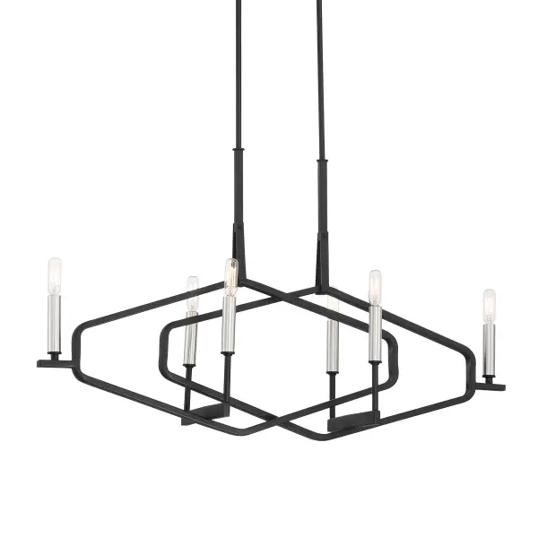 The Traveler 6-Light Island Chandelier combines modern industrial design with a sophisticated two-tone finish. Its linear profile and steel construction make it perfect for kitchen islands and dining areas.