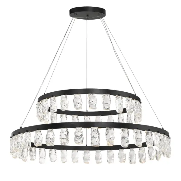 The Artic Glacier chandelier makes a bold architectural statement with its dramatic 49-inch span and two-tier design. Clear faux rock crystal elements create an organic, glacier-like aesthetic against the coal black finish.