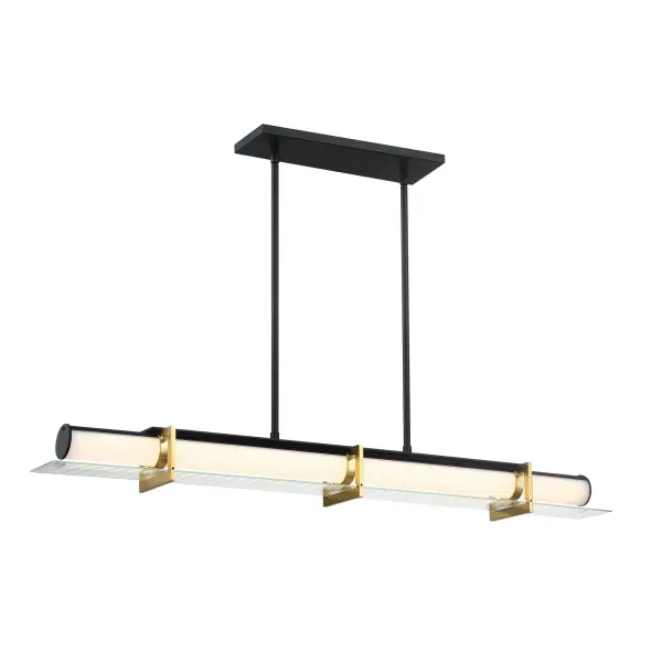The Midnight Gold island light combines traditional elegance with modern LED efficiency. Its 40-inch linear design features a striking sand black finish accented with honey gold, creating visual drama over kitchen islands and dining tables.