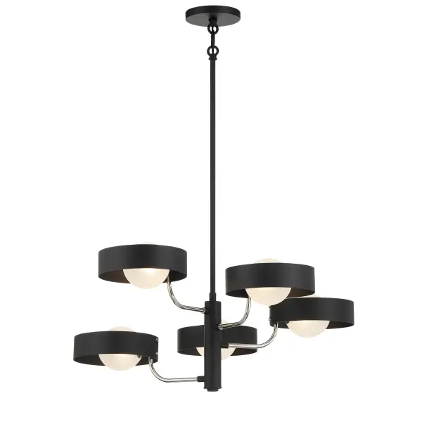 The Lift Off chandelier combines industrial-inspired coal black with polished nickel accents for a sophisticated modern look. Five G9 bulbs provide ample illumination through glass shades, perfect for dining areas and kitchen islands.
