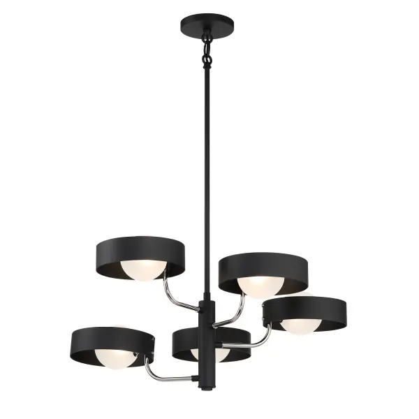 The Lift Off chandelier combines industrial-inspired coal black with polished nickel accents for a sophisticated modern look. Five G9 bulbs provide ample illumination through glass shades, perfect for dining areas and kitchen islands. - alternate view