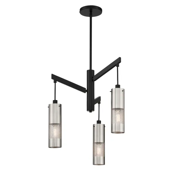The Grid 3 chandelier combines brushed nickel and coal finishes in a geometric steel frame design. At 19 inches square, it provides focused lighting for dining and kitchen spaces with an industrial-modern aesthetic.
