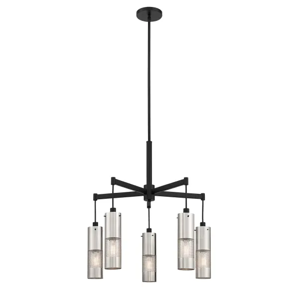 The Grid 3 chandelier combines brushed nickel and coal finishes in a geometric design that brings modern industrial style to any space. Its 24-inch cube form and five-light configuration provide balanced illumination.