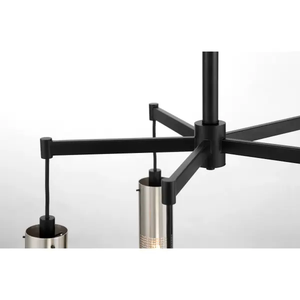 The Grid 3 chandelier combines brushed nickel and coal finishes in a geometric design that brings modern industrial style to any space. Its 24-inch cube form and five-light configuration provide balanced illumination. - alternate view