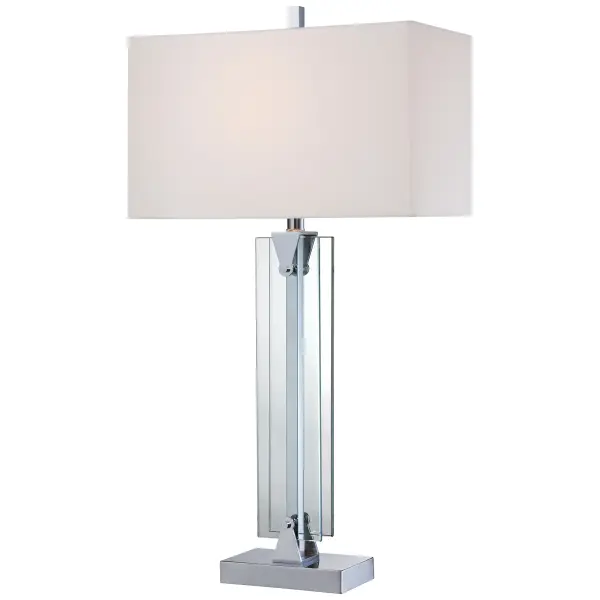 This versatile table lamp combines polished chrome with clear glass accents and a crisp white linen shade, creating a sophisticated lighting solution that bridges traditional and contemporary design aesthetics.