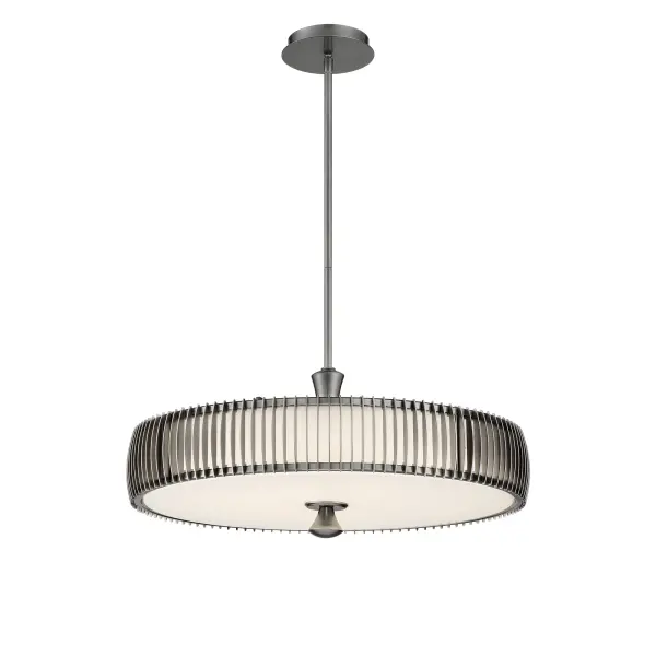 The Night Moves pendant combines modern aesthetics with high-performance LED technology, delivering nearly 5000 lumens with excellent color rendering. Its plated pewter finish and white acrylic shade create a sophisticated look.