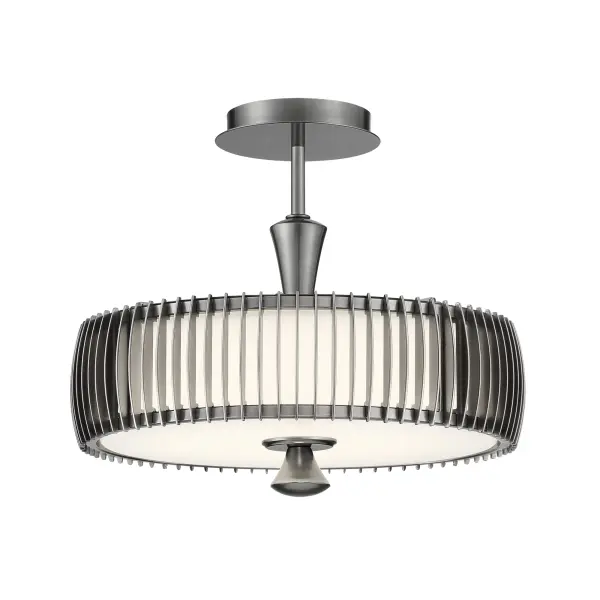 The Night Moves semi-flush mount delivers impressive 3570 lumens with 93 CRI for true color rendering. Its plated pewter finish and white acrylic shade create a clean, contemporary look perfect for modern spaces with lower ceilings.