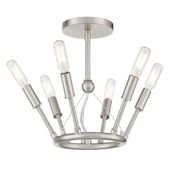The Royalty 6-Light Semi-Flush combines traditional elegance with contemporary versatility. Its compact 12.75-inch profile and brushed nickel finish make it ideal for smaller spaces needing refined illumination.
