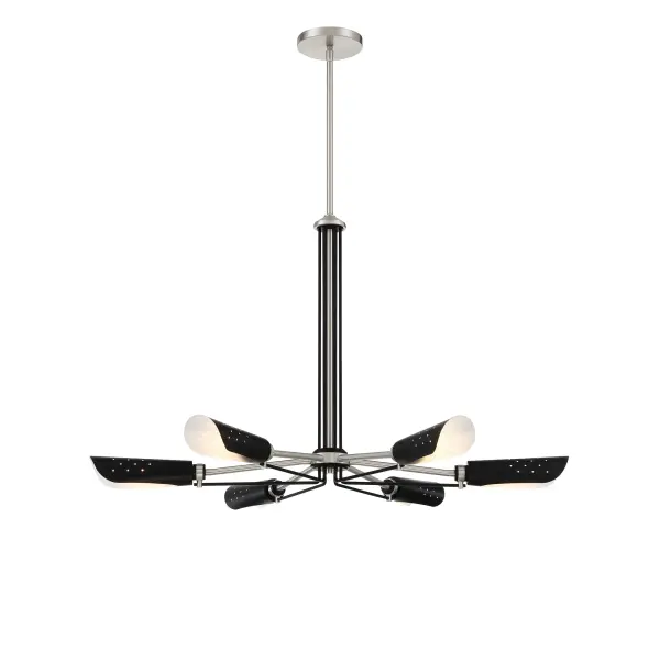 The Turbine chandelier brings bold industrial style with its brushed nickel and coal finish combination. At 34 inches wide, this 6-light fixture makes a statement over dining tables and kitchen islands while maintaining modern sophistication.