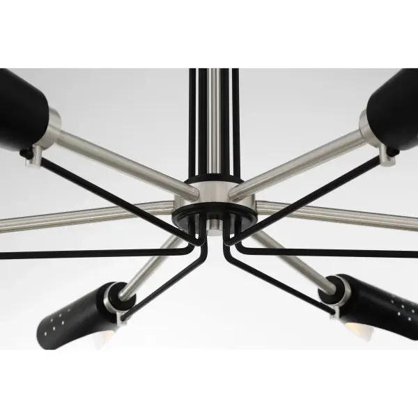 The Turbine chandelier brings bold industrial style with its brushed nickel and coal finish combination. At 34 inches wide, this 6-light fixture makes a statement over dining tables and kitchen islands while maintaining modern sophistication. - alternate view