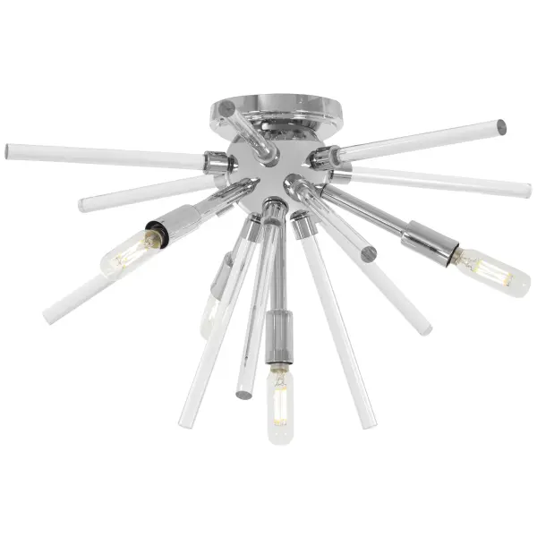 The Spiked flush mount combines contemporary chrome finish with clear glass bars for a modern, architectural look. Its compact 20-inch profile and low 11.75-inch height make it ideal for rooms with standard ceilings.