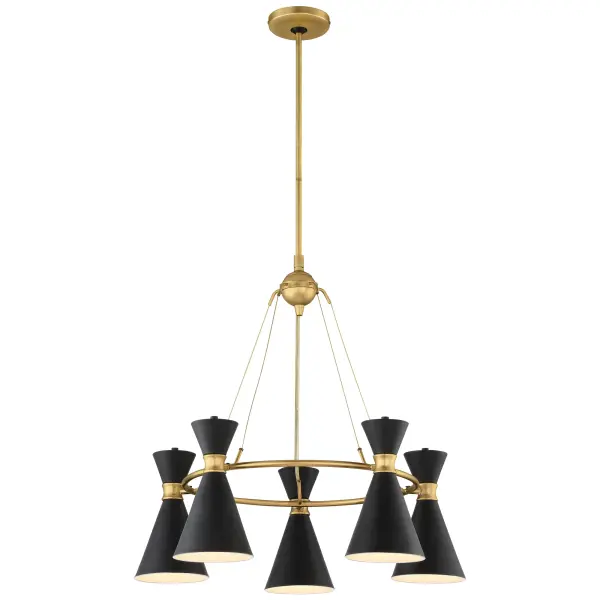 The Conic 5-Light Chandelier combines warm Honey Gold finish with sleek Matte Black shades for a refined transitional aesthetic. At 26 inches wide, it's perfectly scaled for medium dining spaces and kitchen islands.