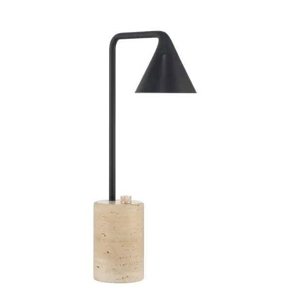 This sophisticated table lamp combines traditional elegance with modern LED technology. The coal black finish paired with a luxurious travertine stone base creates a timeless look, while integrated LED provides energy-efficient illumination.