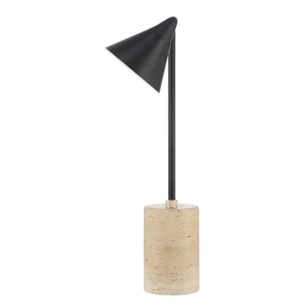 Coal Black LED Table Lamp with Travertine Stone Base - Image 3