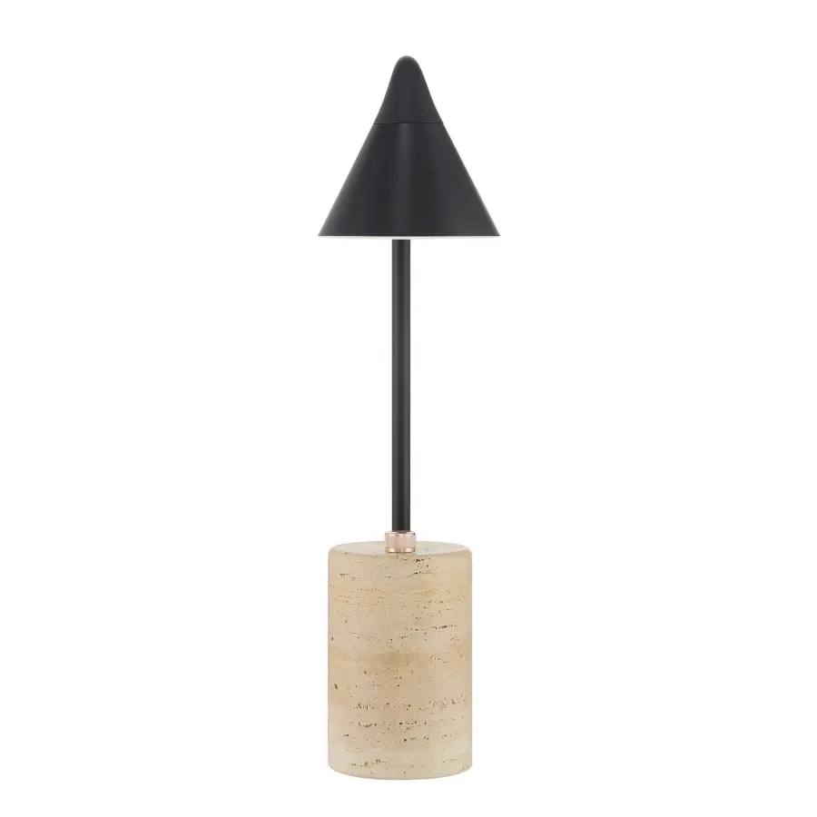 Coal Black LED Table Lamp with Travertine Stone Base - Image 5